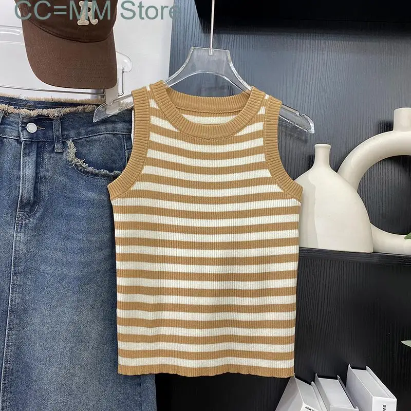 New Striped Knitted Tank Top for Women Sleeveless O Neck Vintage Slim Chic Crop Top Office Ladies Casual Top