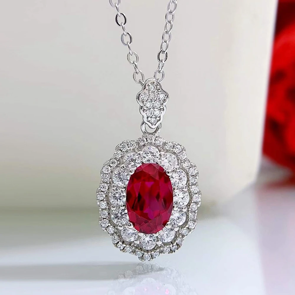 PuBang Fine Jewelry 925 Sterling Silver Oval Ruby Gem Created Moissanite Sparkling Pendant Necklace for Women Gift Drop Shipping