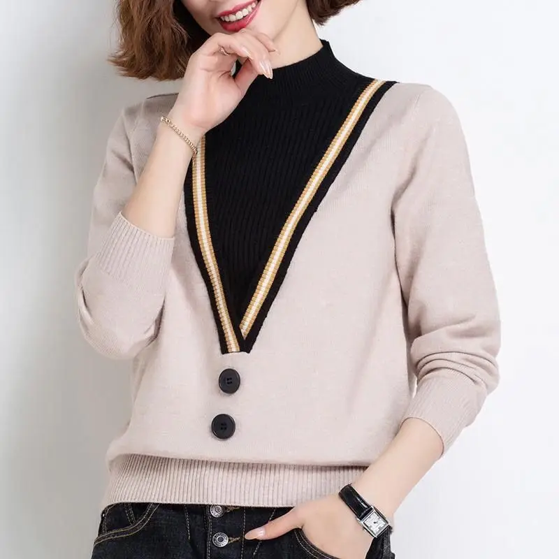 Fashion Loose Fake Two Pieces Spliced Sweaters Autumn Winter Women's Clothing Casual Half High Collar Lady Knitted Pullovers