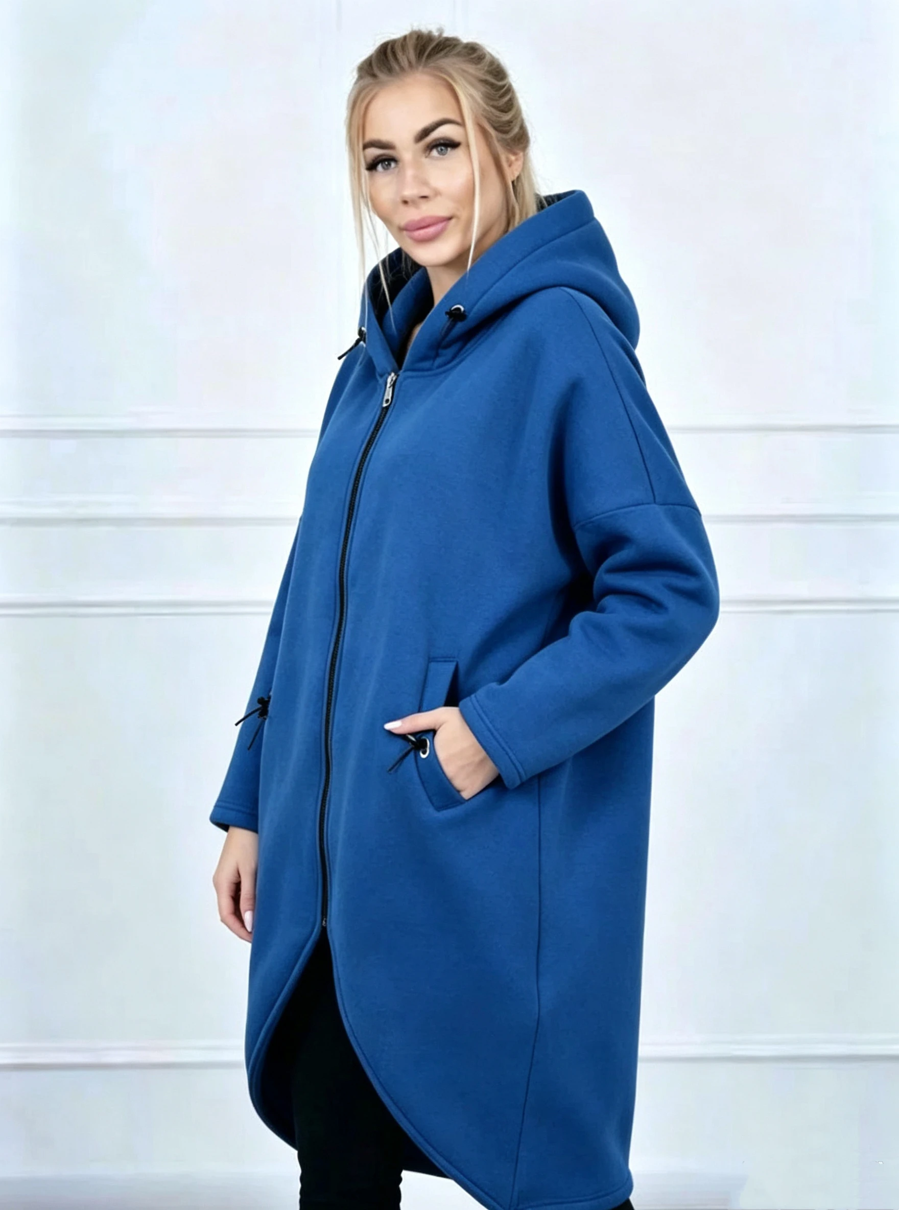 Plus size loose blue long hooded sweatshirt metal zipper drawstring pocket commuting over-the-knee casual irregular jacket