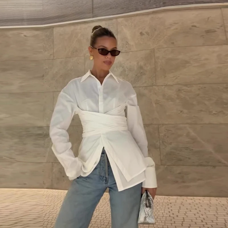 화이트 여성 불규칙 셔츠 옷깃 허리 Cinching 풀 슬리브 티셔츠 봄 가을 통근자 Office Lady Top Korean Style