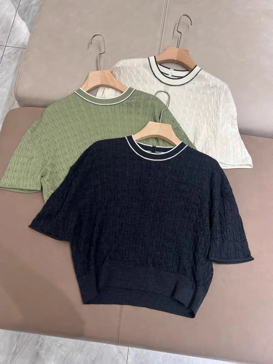 

Women Silk Wool Knit Sweater Short Sleeve Color Contrast O-Neck Casual Pullover
