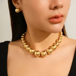 2Pcs Exaggerated Gold Color Big Beads Necklace Stud Earrings for Women Luxury Punk CCB Choker Jewelry Set Party Club Accessories