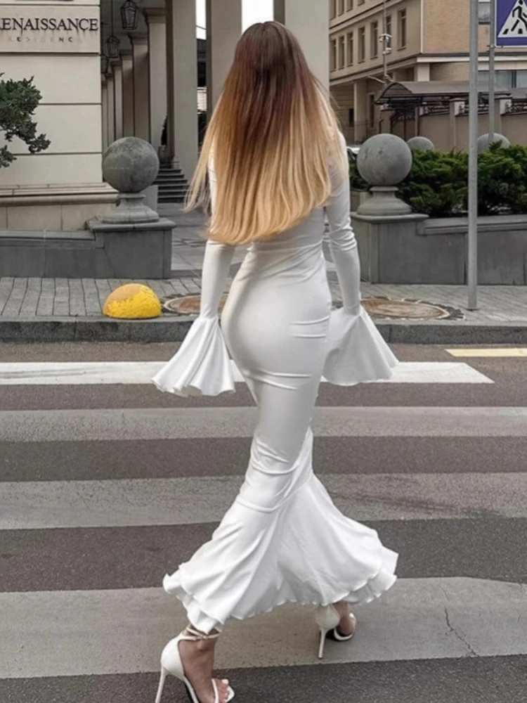 2025 New European Style Dress Pure Color V-Neck Flounce Flared Sleeve Dress Bodycon Mermaid Evening Dress French Inspired