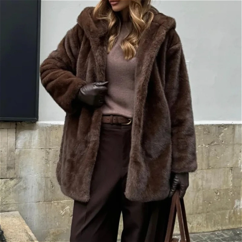 Women Faux Mink Fur Coats Solid Fur Jackets Sashes Pocket Mid Length Cotton Linen Hooded Long Sleeve Single Breasted 2026 Winter