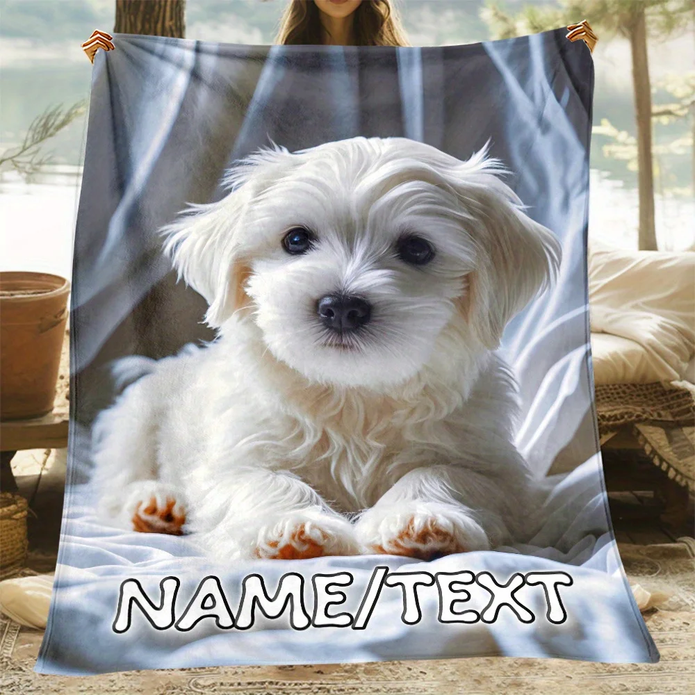 

1 piece of customizable white dog pattern soft, warm and lightweight flannel blanket personalized name text