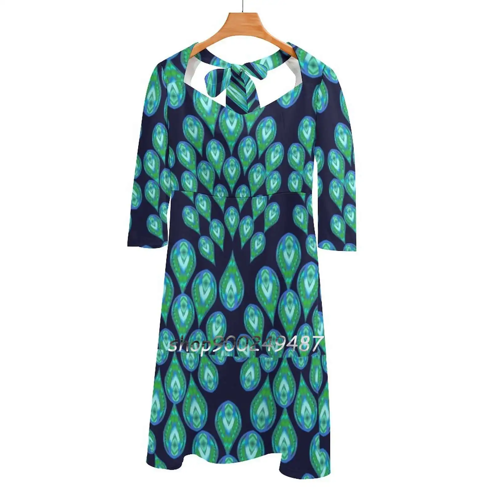 Navy Peacock 111 All Over Print Evening Party Dresses Midi Sexy Dress Female Sweet One Piece Dress Korean Abstract Navy Green