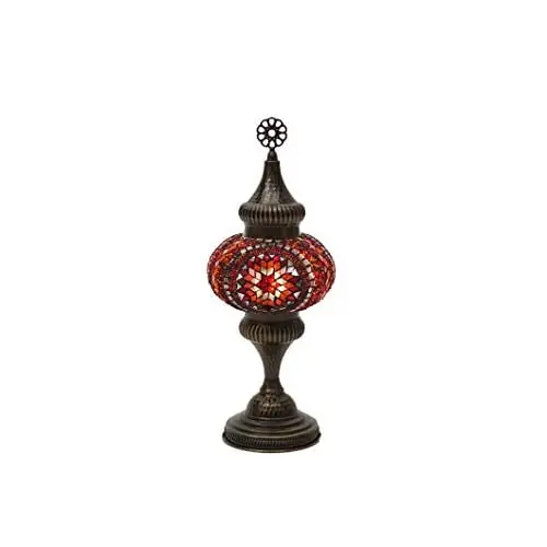 LaModaHome English Moroccan Handmade Mosaic Glass Table Lamp Light with Decorative Dark Polished Copper Fixture for Bedroom, Liv