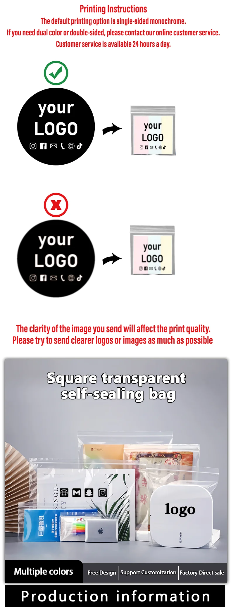 100 Stück quadratische transparente selbstverschließende Beutel für Lebensmittel, Snacks, Kleidung, transparente Verpackungsbeutel mit Möglichkeit zur individuellen Logogestaltung – Detail 1