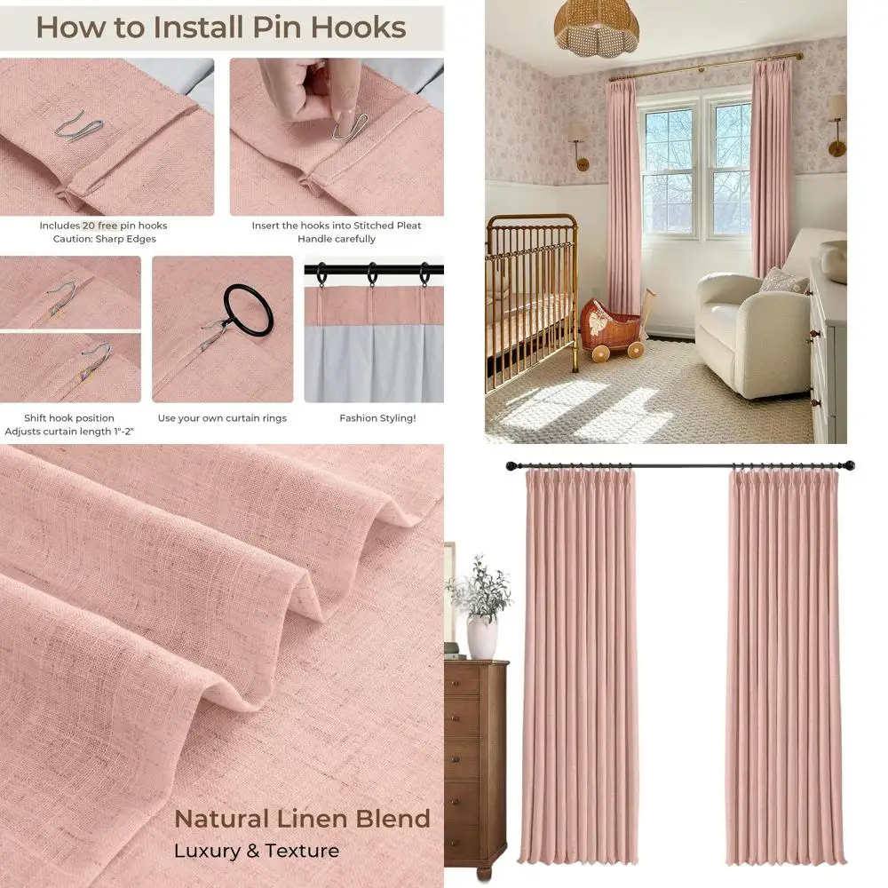 

Linen Blend 90 Blackout Curtains, 40 Wide, 20 Hooks, Ideal for Home, Nude Pink (2 Pack)