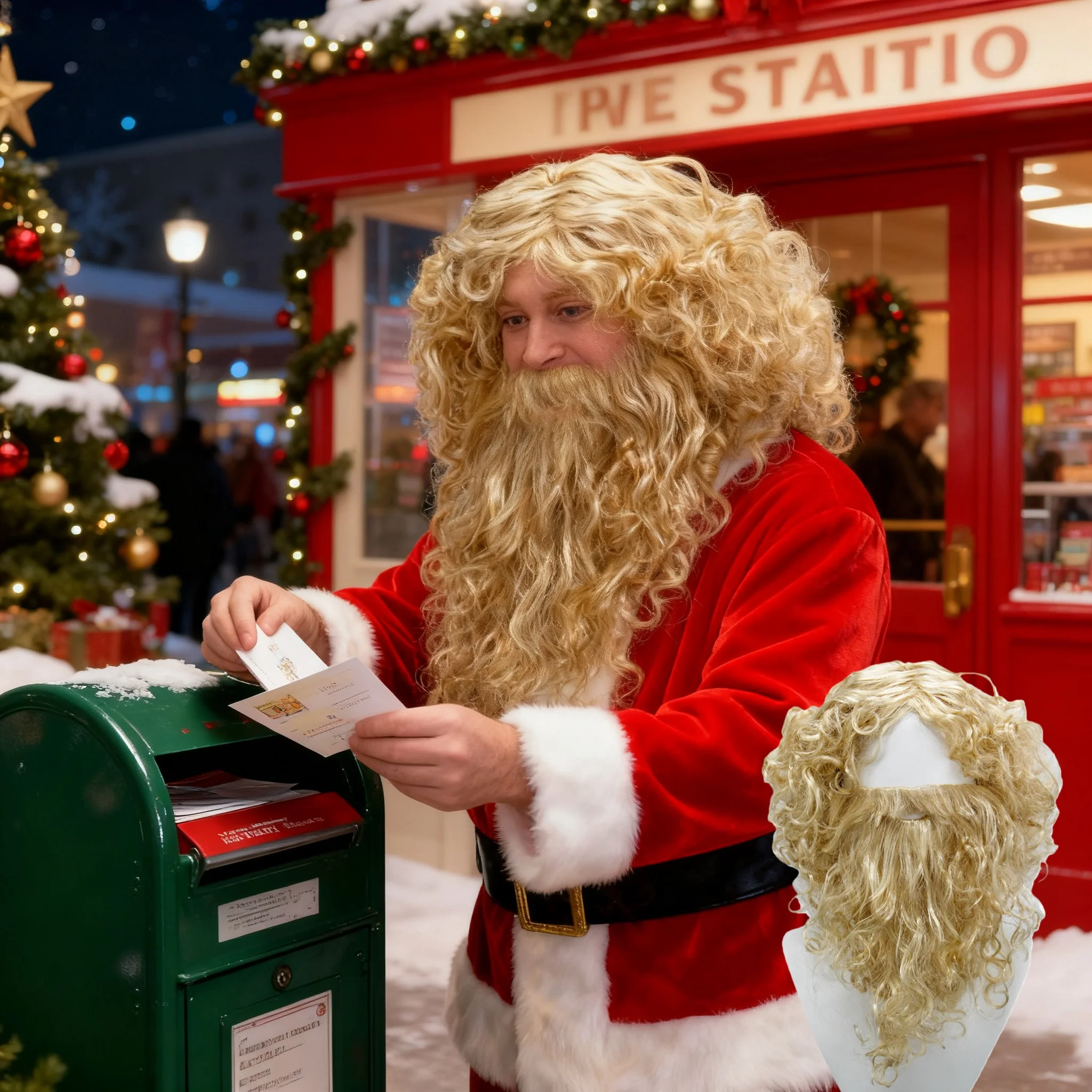 Golden Santa Claus Beard and Wig Set, Christmas Cosplay Synthetic Wig, Golden Fluffy Small Curly Hair with Matching Large  Beard