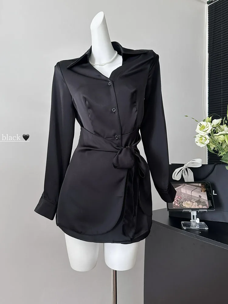 Autumn 2024 Outfits 2 Piece Shorts Sets Solid Polo-Neck Shirt Sleeve Sexy Slim Shirts + Women New Elastic Waist Design Shorts