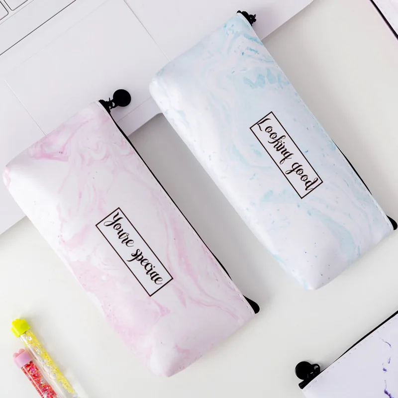 1pcs PU pencil bag custom-made Japanese new student stationery bag marble pattern multifunctional zip stationery box