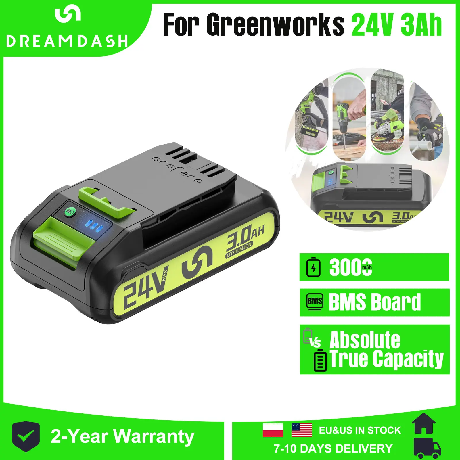 24V 3.0Ah Lithium-ion Replacement Battery For Greenworks ALL Devices 24V Tools 29842 BAG708 G24B2 And For 21.6V Bissell Battery