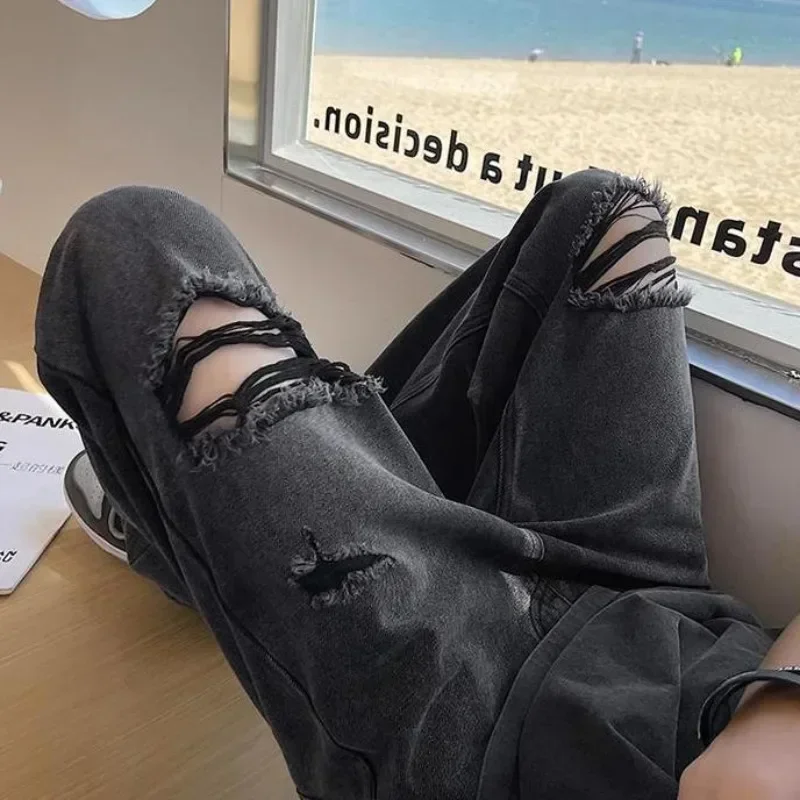 Men\'s Jeans Broken Black Torn Man Cowboy Pants Ripped Trousers Straight with Holes Clothes Y2k 2000s Summer High Quality Baggy