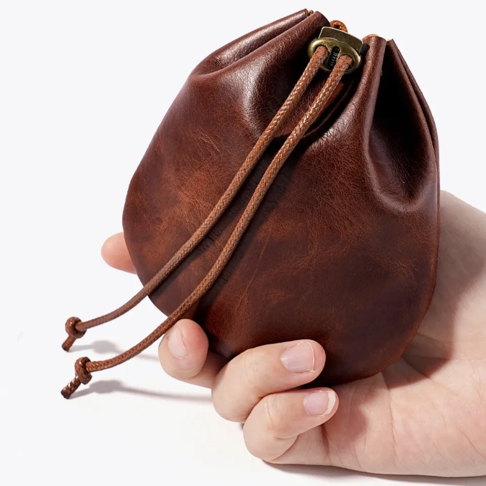 Portable Leather Drawstring Pouch Retro Nordic Style Jewelry Storage Bag Genuine Leather Earphone Storage Case