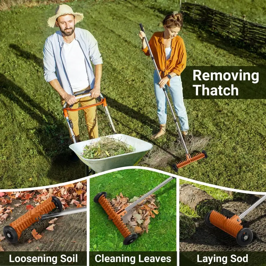 Ancinho de palha, ferramenta de desmontagem de aço de 15 polegadas, ângulo 015 ajustável e comprimento de 3868 polegadas, ancinho de quintal resistente para remoção de grama morta