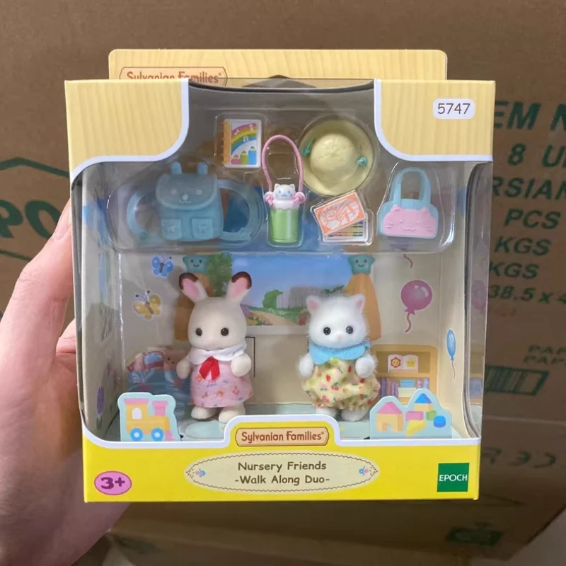 Sylvanian famílias boneca em miniatura acessórios bonito coelho berçário amigos andando ao longo duo crianças fingir jogar brinquedos para meninas presente