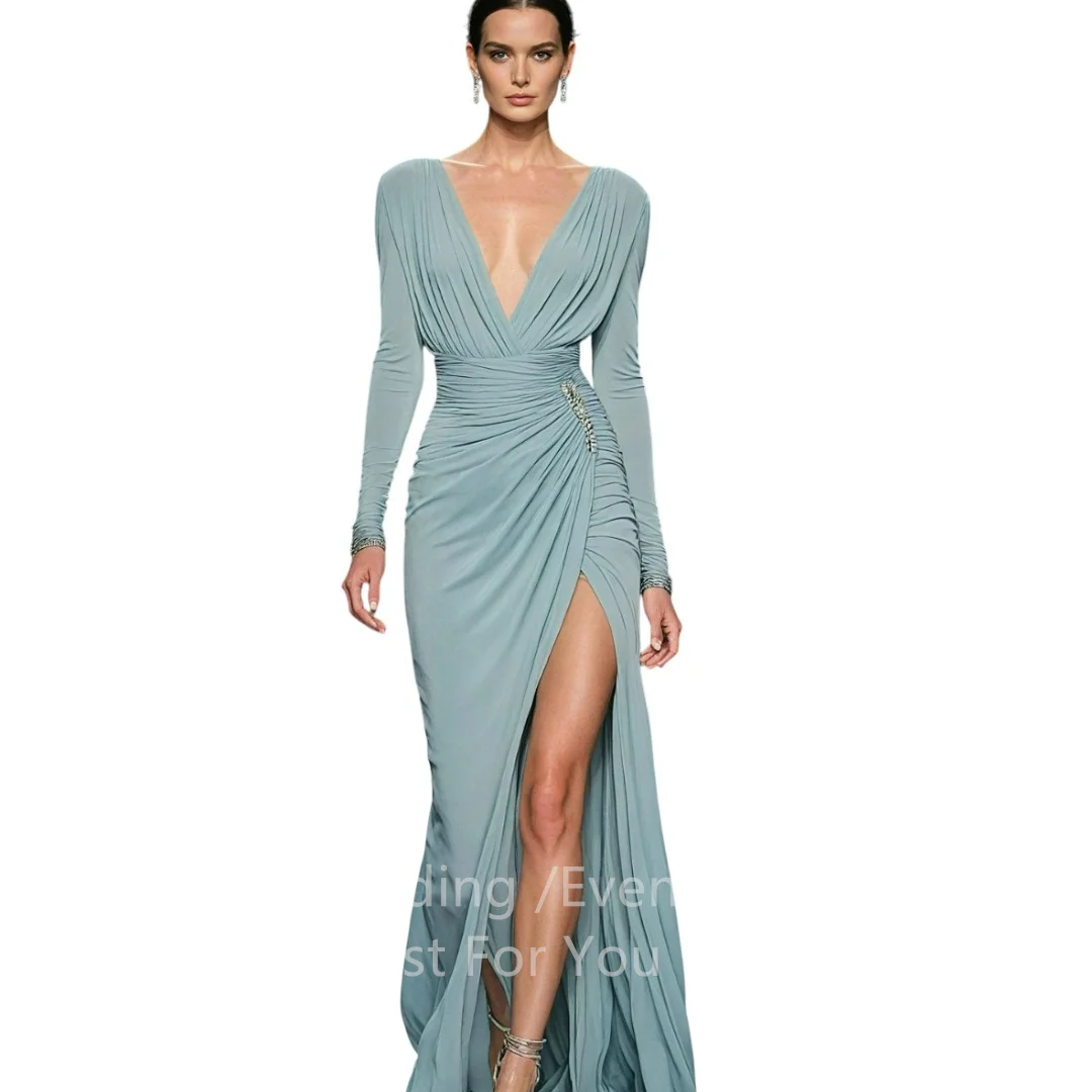 

LORIE Chic Chiffon Evening Dresses V-Neck Full Sleeves Party Dress Pleats Side Slit Floor-Length Prom Gowns Customized