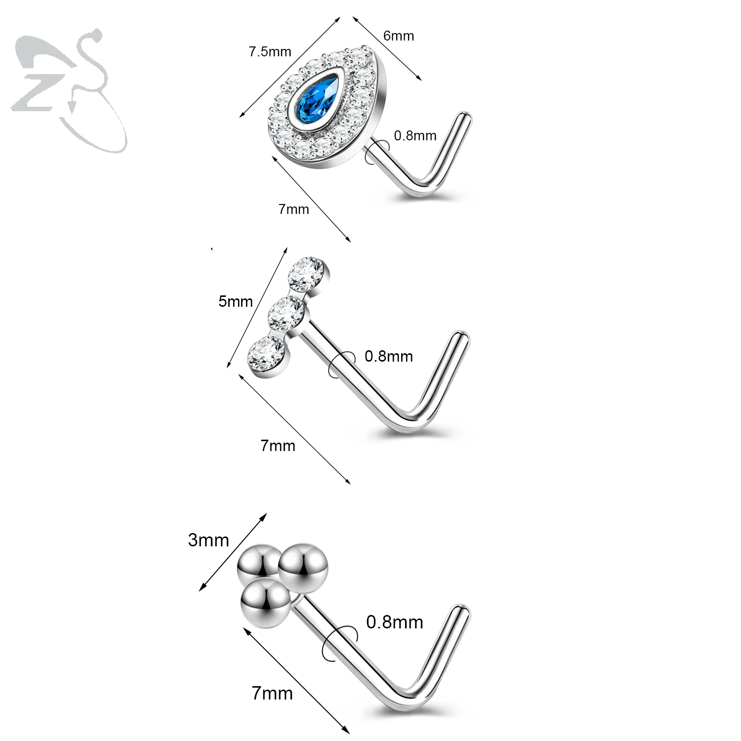 3pcs Stainless Steel Nose Stud Set with Crystals