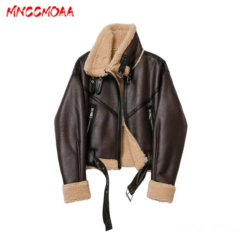 MNCCMOAA-Women's Thick Warm Lamb Wool Faux Leather Jacket Female Coat Casual Zipper Outwear Ladies Tops High Quality Winter 2024