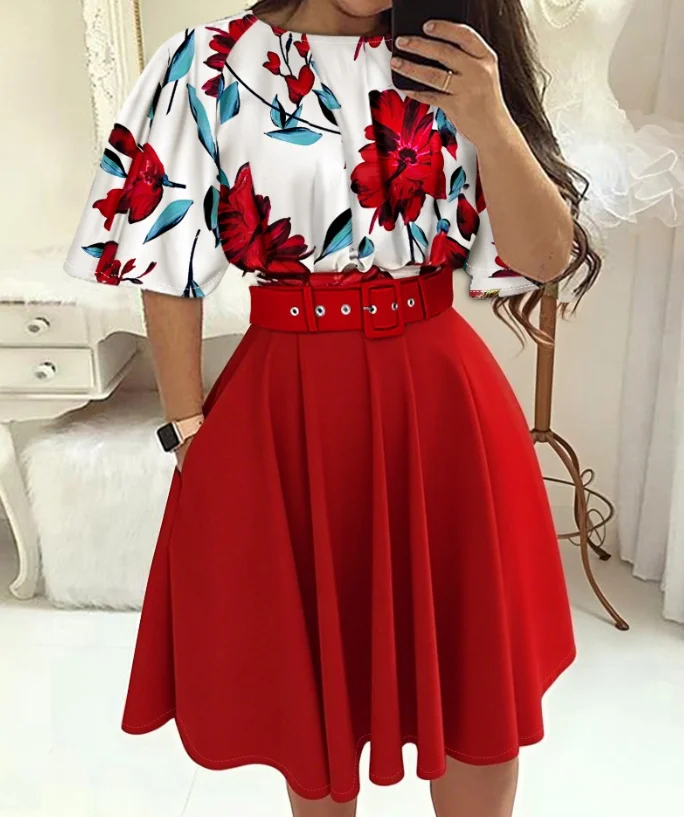 

Floral Print Batwing Sleeve Top A-line Pocket Dress with Belt