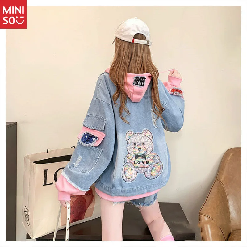 

Женская джинсовая короткая куртка Miniso, весна-осень 20%, новая маленькая куртка с капюшоном в стиле ретро, свободный повседневный уличный топ