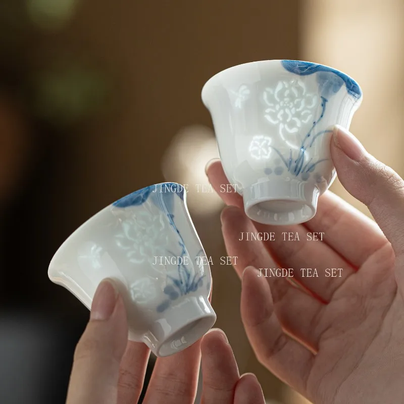 Blue and White Hand-painted Tea Cup Kungfu Tea Set Underglaze Colored Lotus Tea Cup Chinese Hospitality Teacup Home Master's Cup