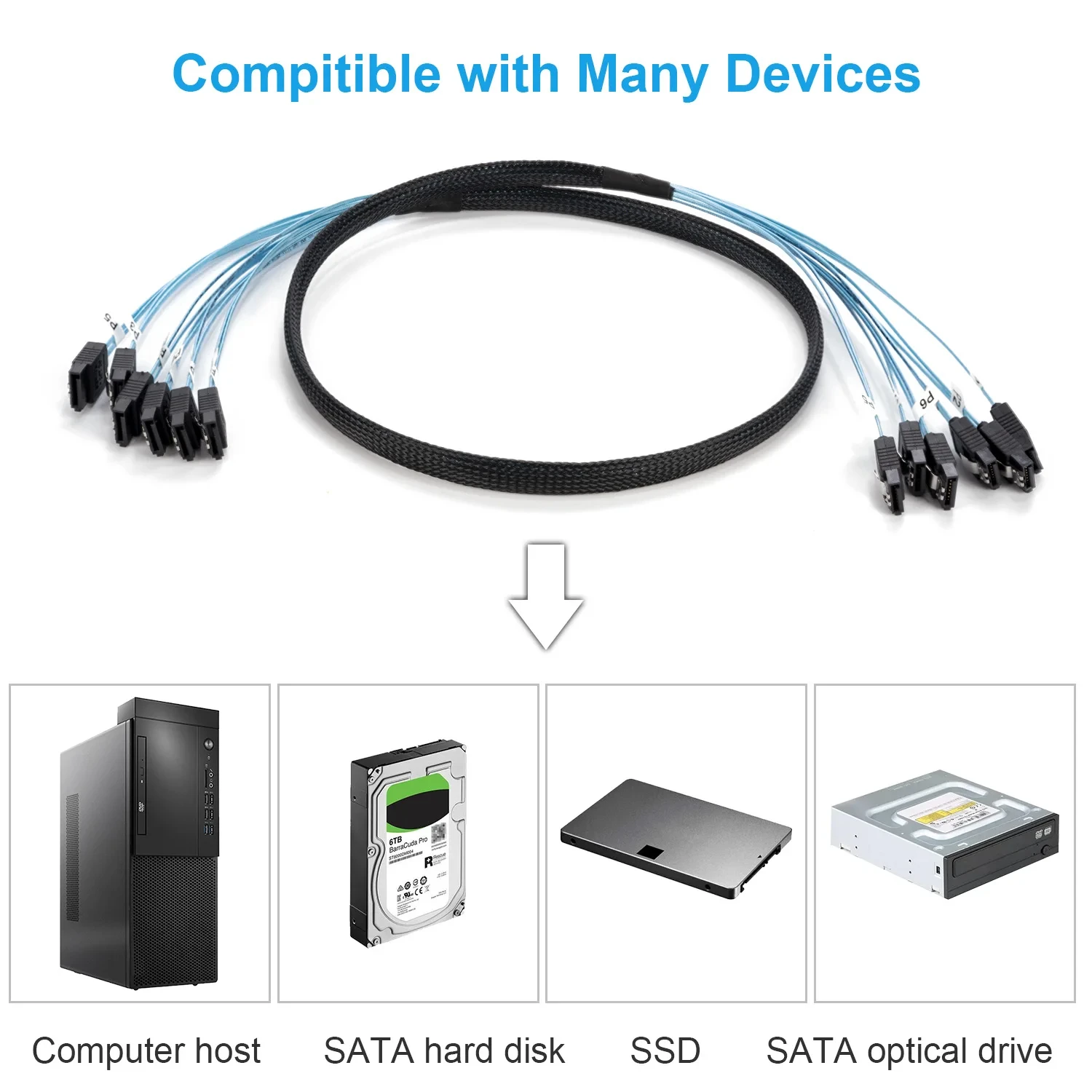 4/6/8Pcs Set 7 Pin SATA to 7 Pin SAS Cable12Gbps High-Speed Data Transfer SATA 3.0HDD Cable for Server NAS PC - 6 Ports per Set