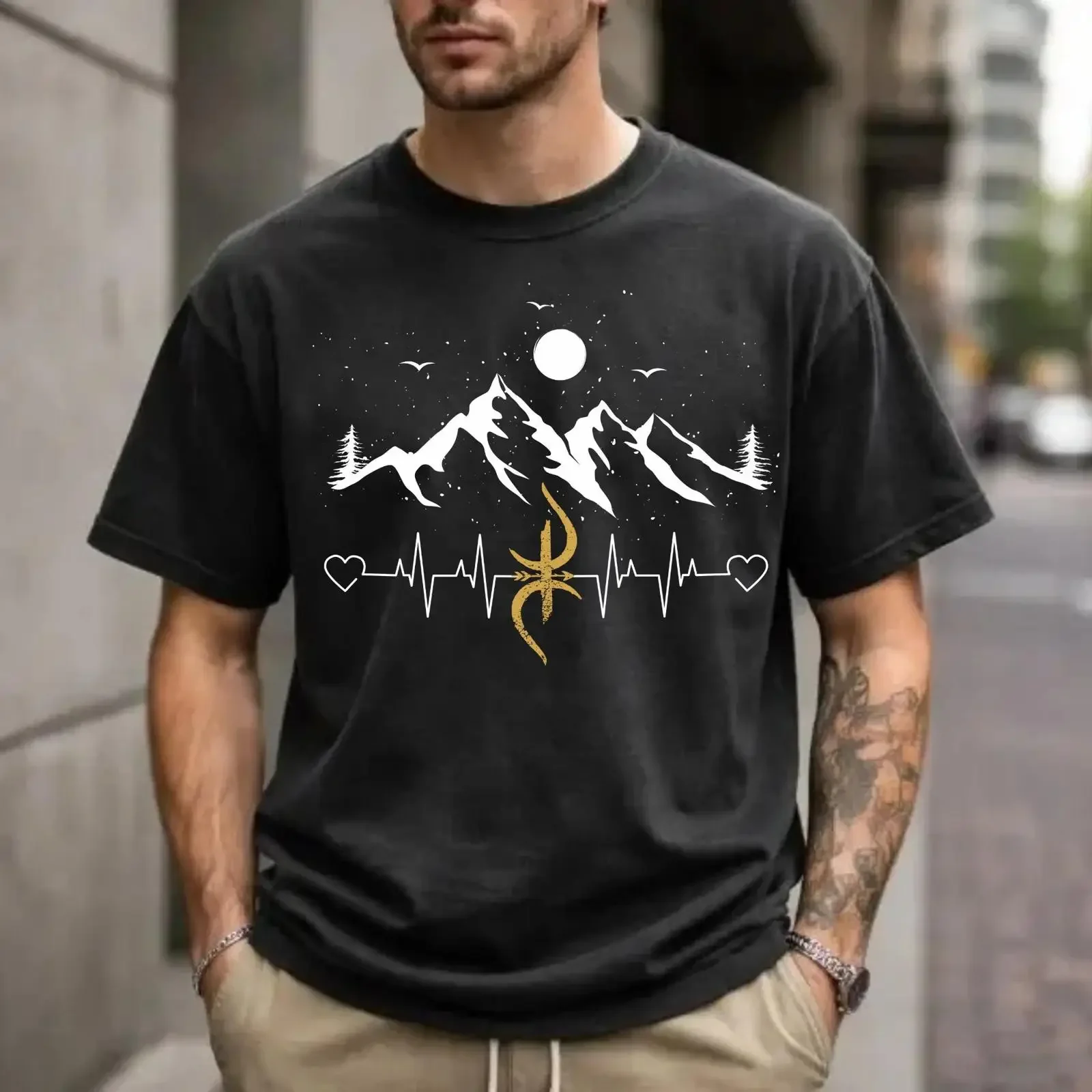 Men's Amazigh Berber Yaz Symbol Mountain Heartbeat T Shirt Casual Culture Outdoor  vintage Washed Versatile Comfortable Unisex
