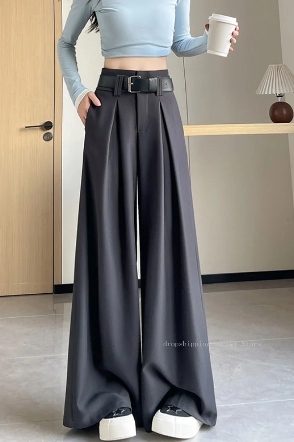 Suit Wide-legged Pants Women Spring and Summer Belt Draping High-waisted Straight Casual Large Trouser Leg Dragging Trousers