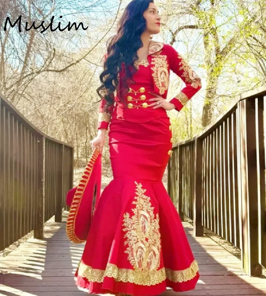 Vestido de noche Vintage mexicano rojo Mariachi con encaje dorado, vestido de fiesta de sirena de manga larga, disfraz 2026, Catrina Formal de dos piezas