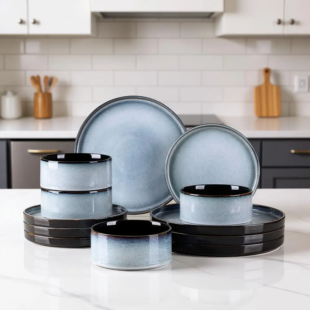 4-Person Reactive Glaze Dinnerware Set: 12pc Gray White Plates and Bowls, Dishwasher & Microwave Safe