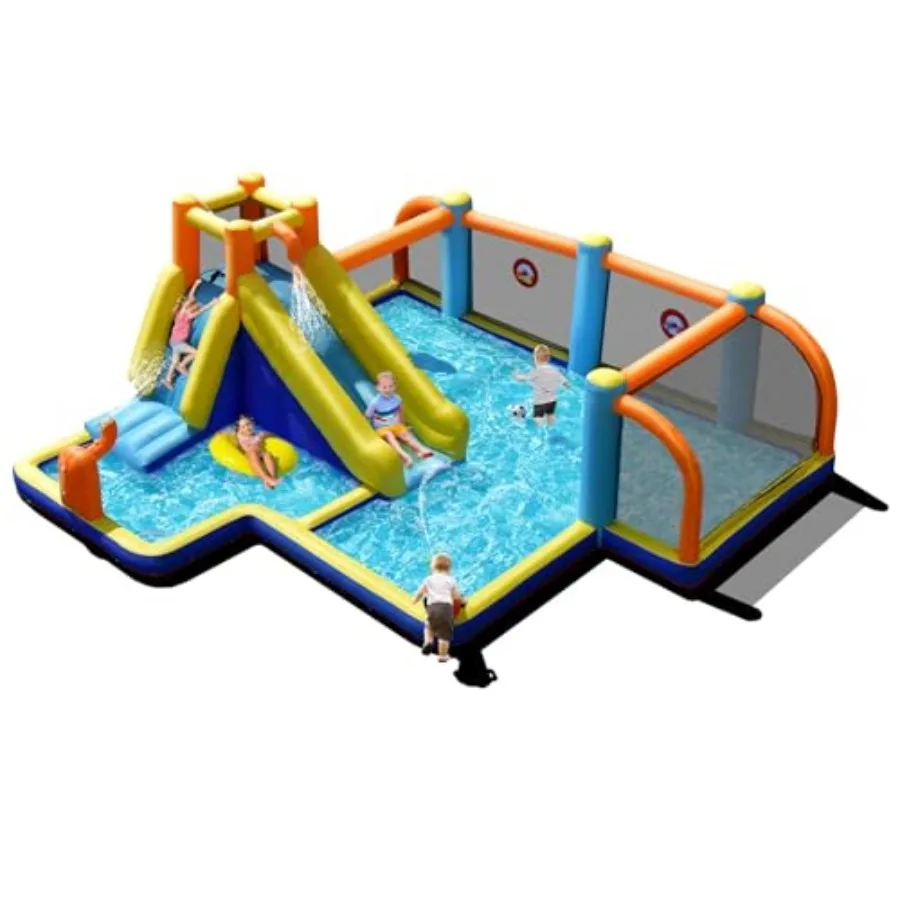 

Inflatable Water Slide 8 in 1 Bounce House Water Park with Soccer Goals Splash Pool Climbing Wall Water Guns Target Game Outdoo