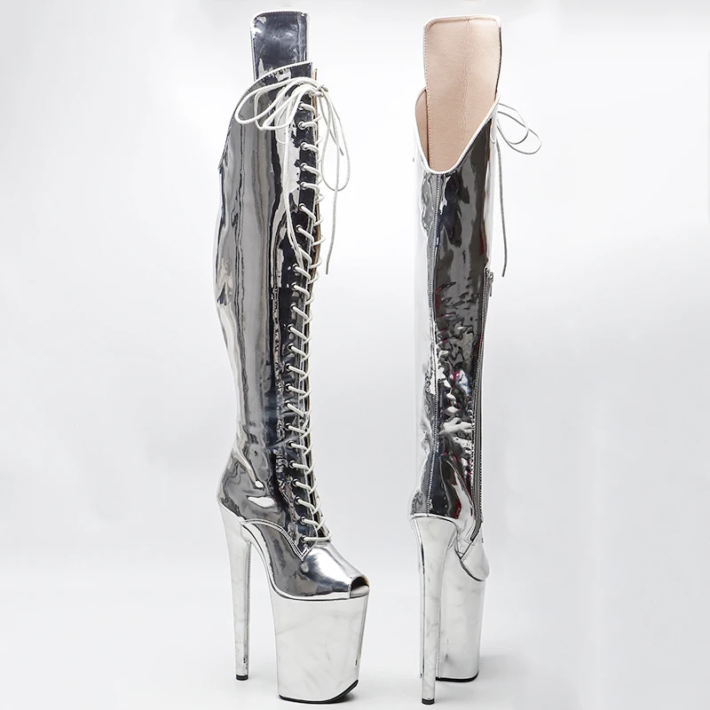 Leecabe   23CM/9inches  Shiny  PU  Upper open toe Fashion trend  platform High Heel stripper heel Pole Dance boot