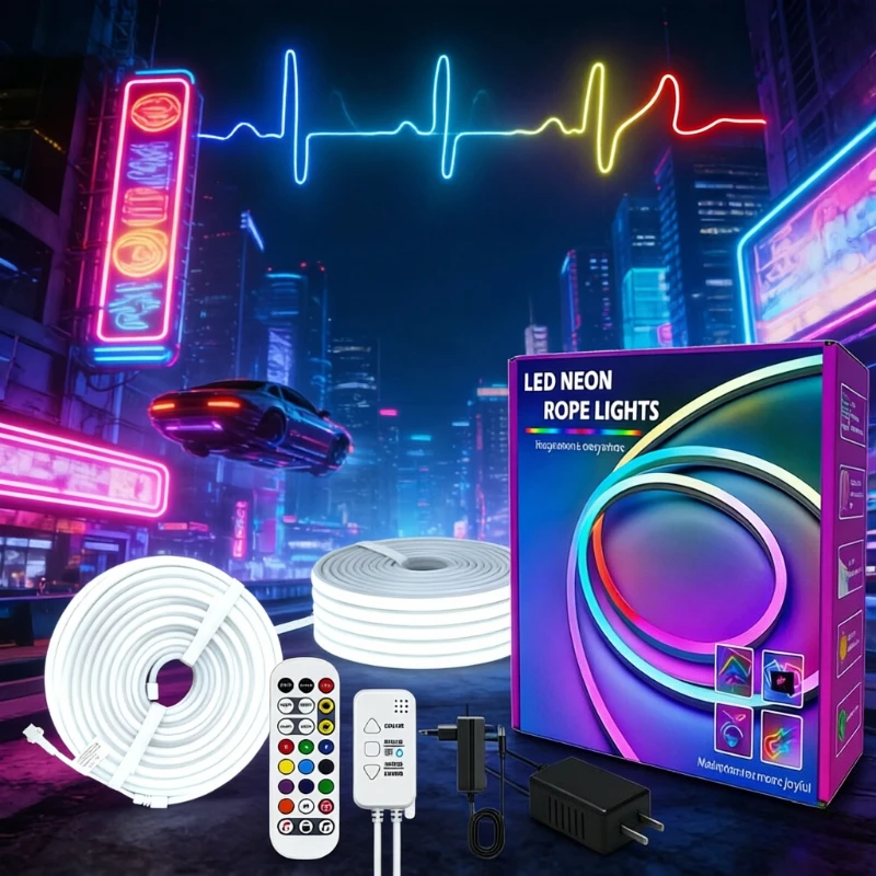 TUYA RGBIC Neon Rope Lights with Smartlife APP & Music Sync, 84LEDs/m Flexible DIY LED Strip, Waterproof & Cuttable for Stairs