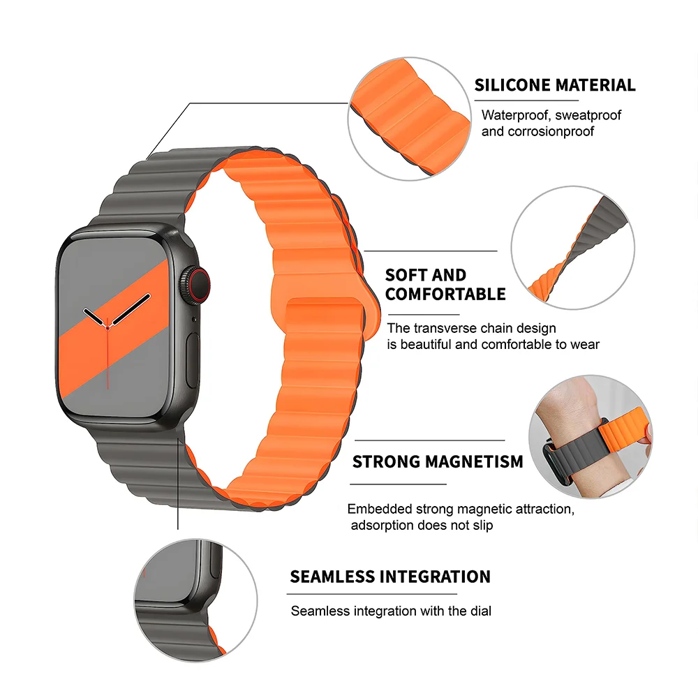 애플 워치 밴드용 실리콘 마그네틱 스트랩, 스포츠 팔찌, 아이워치 시리즈 9, 8, 7, 6, SE, 5, 4, 44mm, 45mm, Ultra2, 49mm, 40mm, 41mm, 38mm, 42mm