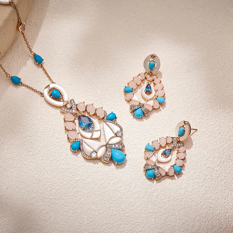 

Дизайнерские серьги и колье для женщин, украшенные кубическим цирконием, опалом, бирюзой и перламутром, наборы украшений для вечеринок.