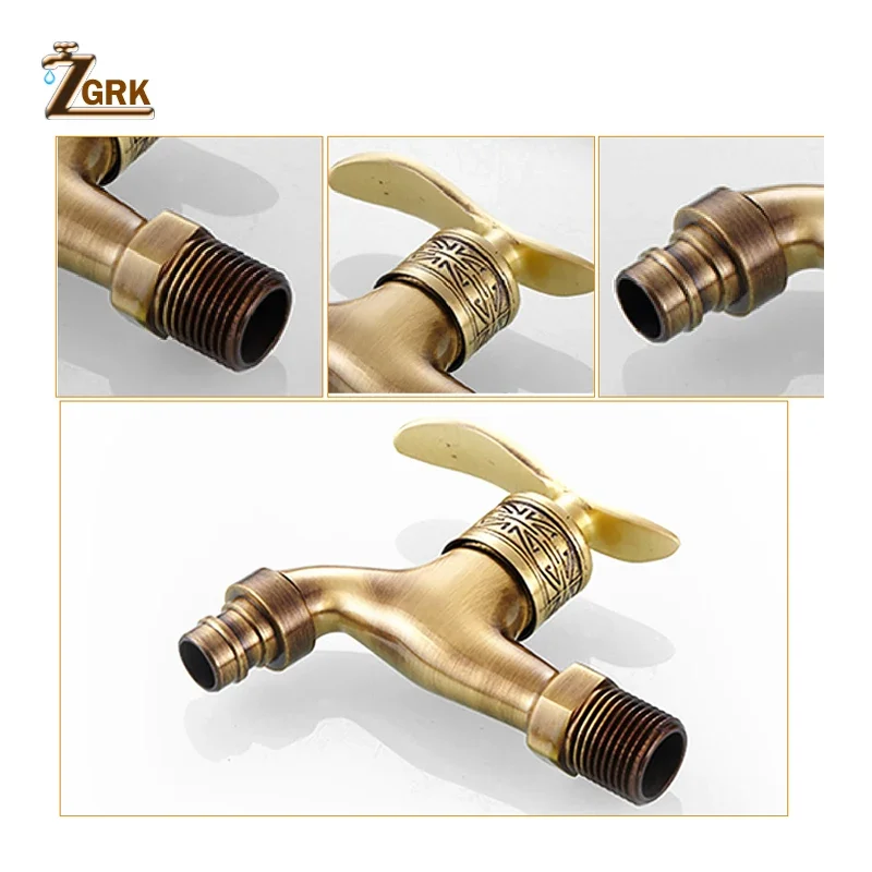 Zgrk torneira de parede de bronze, torneira decorativa antiga de luxo para jardim e ambientes externos, para máquina de lavar roupa