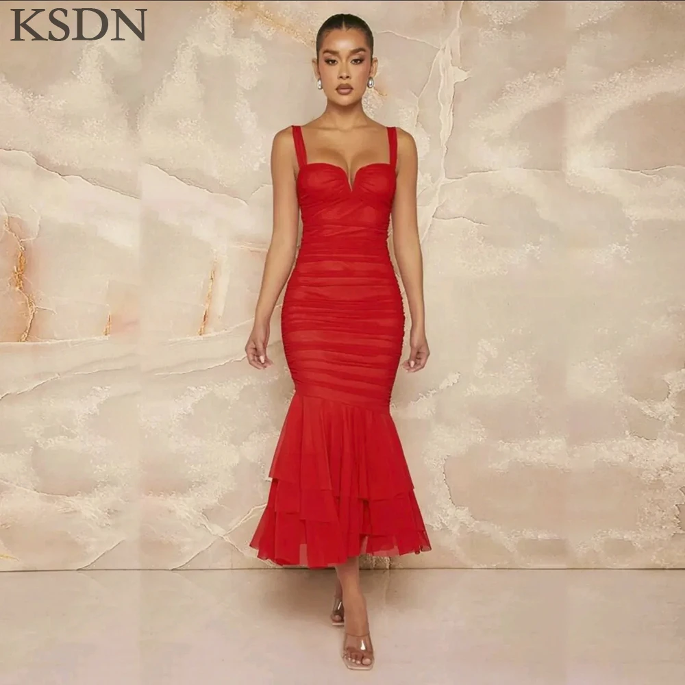 

KSDN Simple Red Evening Dresses Fashion Spaghetti Strap Gowns Sleeveless Pleat Special Occasion Customzied Prom Dress Vestidos