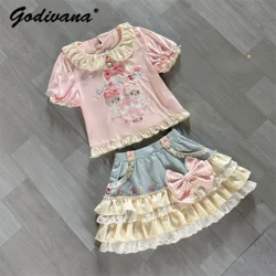 New Summer Sweet Girls Kawaii Cartoon Printed Bow Short Sleeve Cotton T-shirt Cute Sweet Cake Skirt 2 Piece Set Skirt Suits