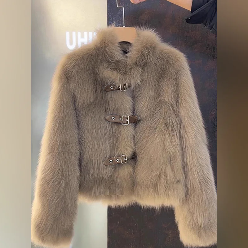 Veste en fausse fourrure de renard pour femme, manteau en peluche à col montant, élégant, boucle en cuir, vêtements d'extérieur de luxe, mode automne hiver
