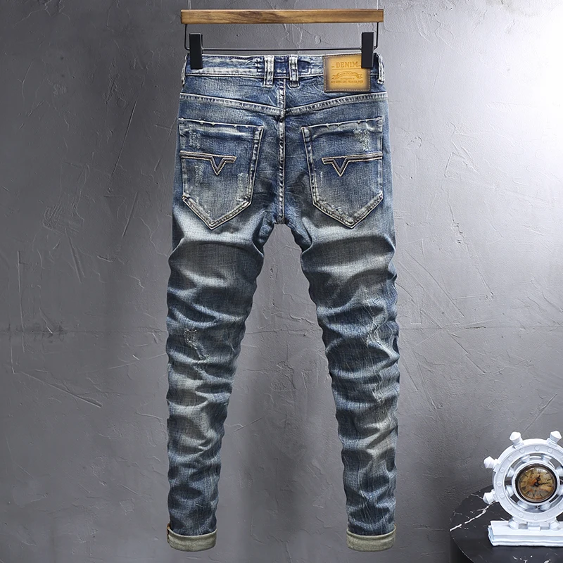 Newly Designer Fashion Men Jeans Retro Blue Elastic Stretch Slim Ripped Jeans Men Patchwork Vintage Casual Denim Pants Hombre