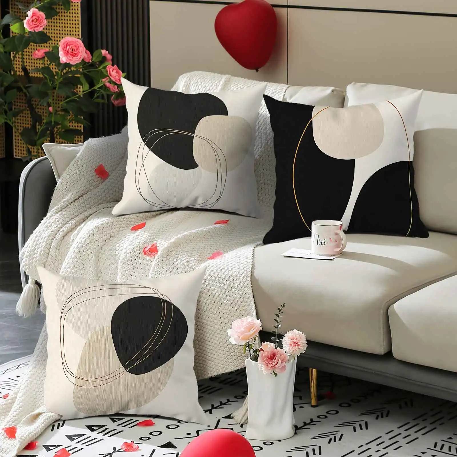 4pcs Black White Geometric Pillow Covers 45x45cm Double-sided Printed Square Cushion Cases Living Room Decor No Insert