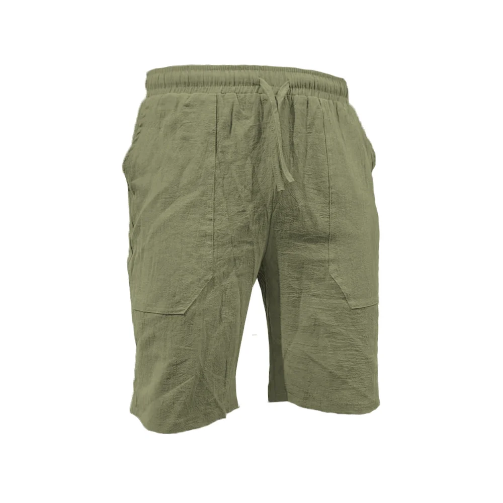 2024 Men summer cotton linen shorts draw rope elastic waist straight leg solid color breathable beach five casual medium pants