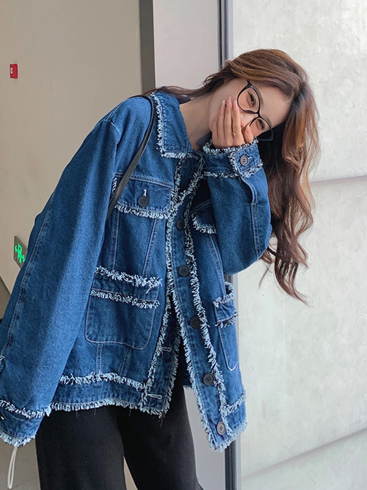 LANMREM Fashion Retro Denim Coat For Women Lapel Single Breatsed Raw Edge Personalized Jacket 2024 Autumn New Clothing 2Z2476