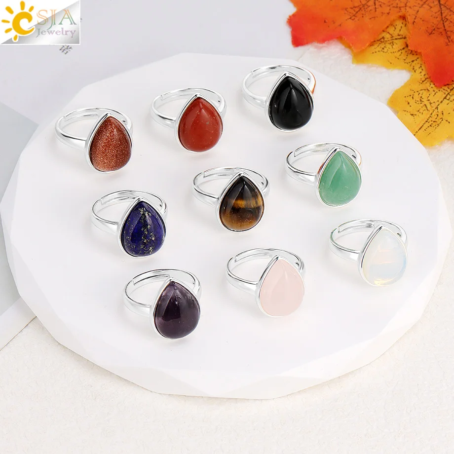 CSJA Natural Stone Ring for Women Healing Water Drop Bead White Crystal Amethysts Quartz Finger Rings Jewelry H510