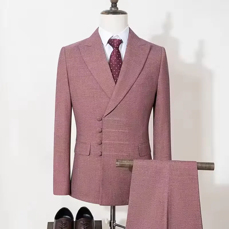 

Elegant Man Suit for Wedding Blazer Pants Peach Slim Fit Double Breasted Man Multiple Buttons Casual Business 2 Piece Outfit Set