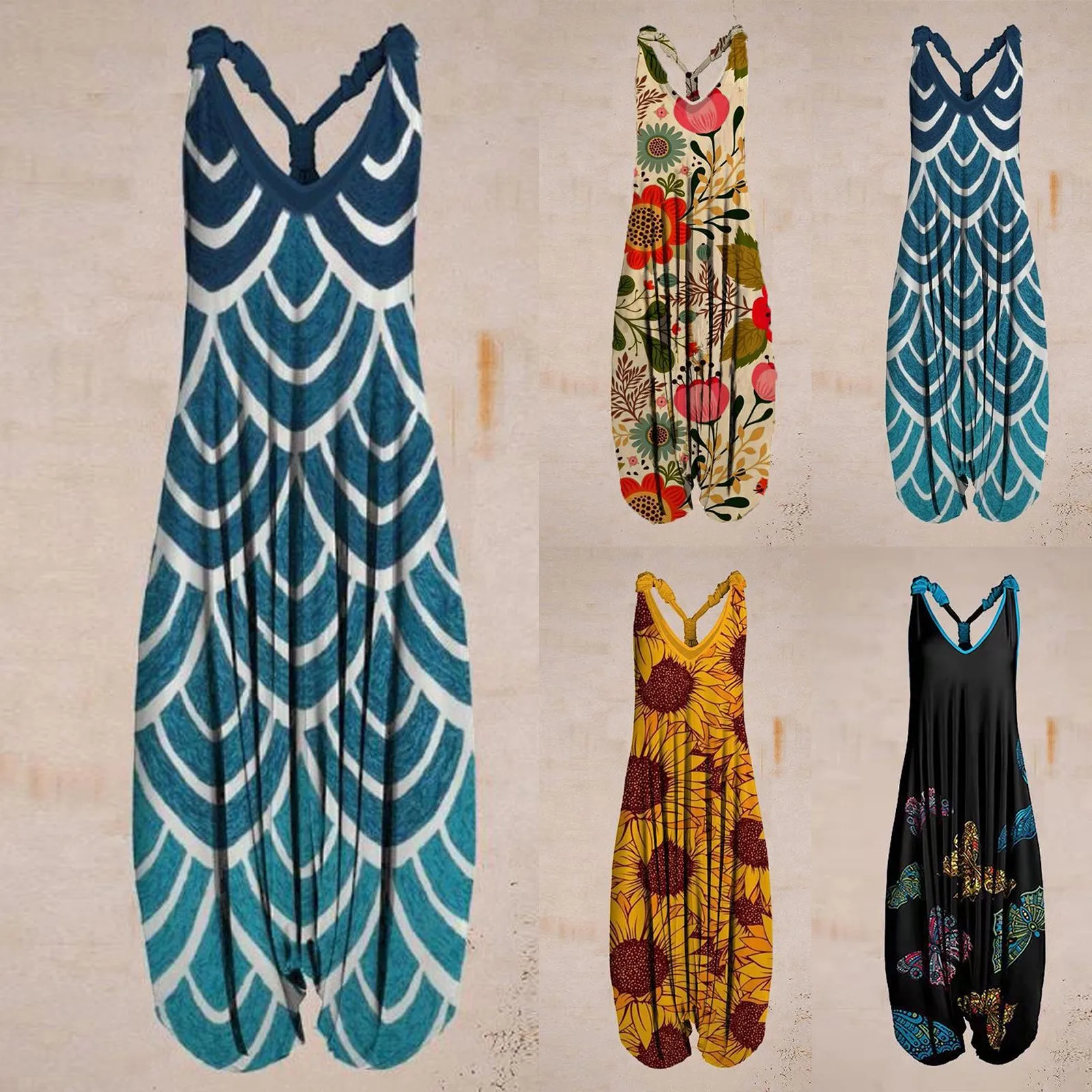 S-5xl Sleeveless Print Rompers Jumpsuit For Women'S Loose Casual All Match Sling Harem Overalls Plus Size 2024 Fashion Clothes