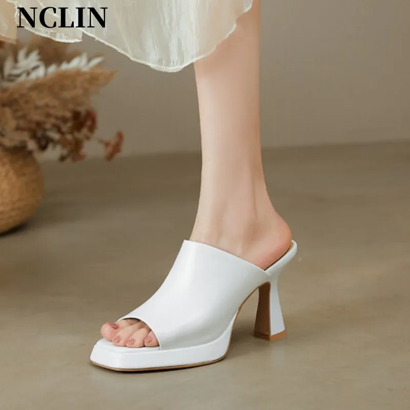 2024 Summer Women Genuine Leather Slippers Square Toe Chunky Heel Solid Sandals High Heels Sandals Shoes For Women Handmade